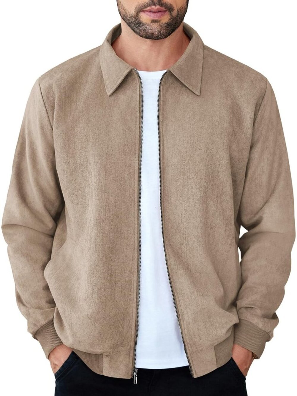 Men's Khaki Faux Suede Full Zip Lightweight Casual Imported Bomber Jacket